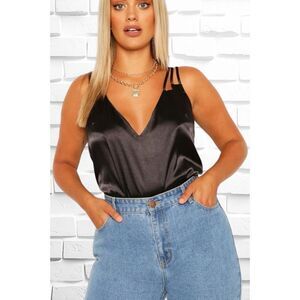 BooHoo Women’s Size 18 Black Plus Size Multi Strap Plunge Neck Cami Top • EUC